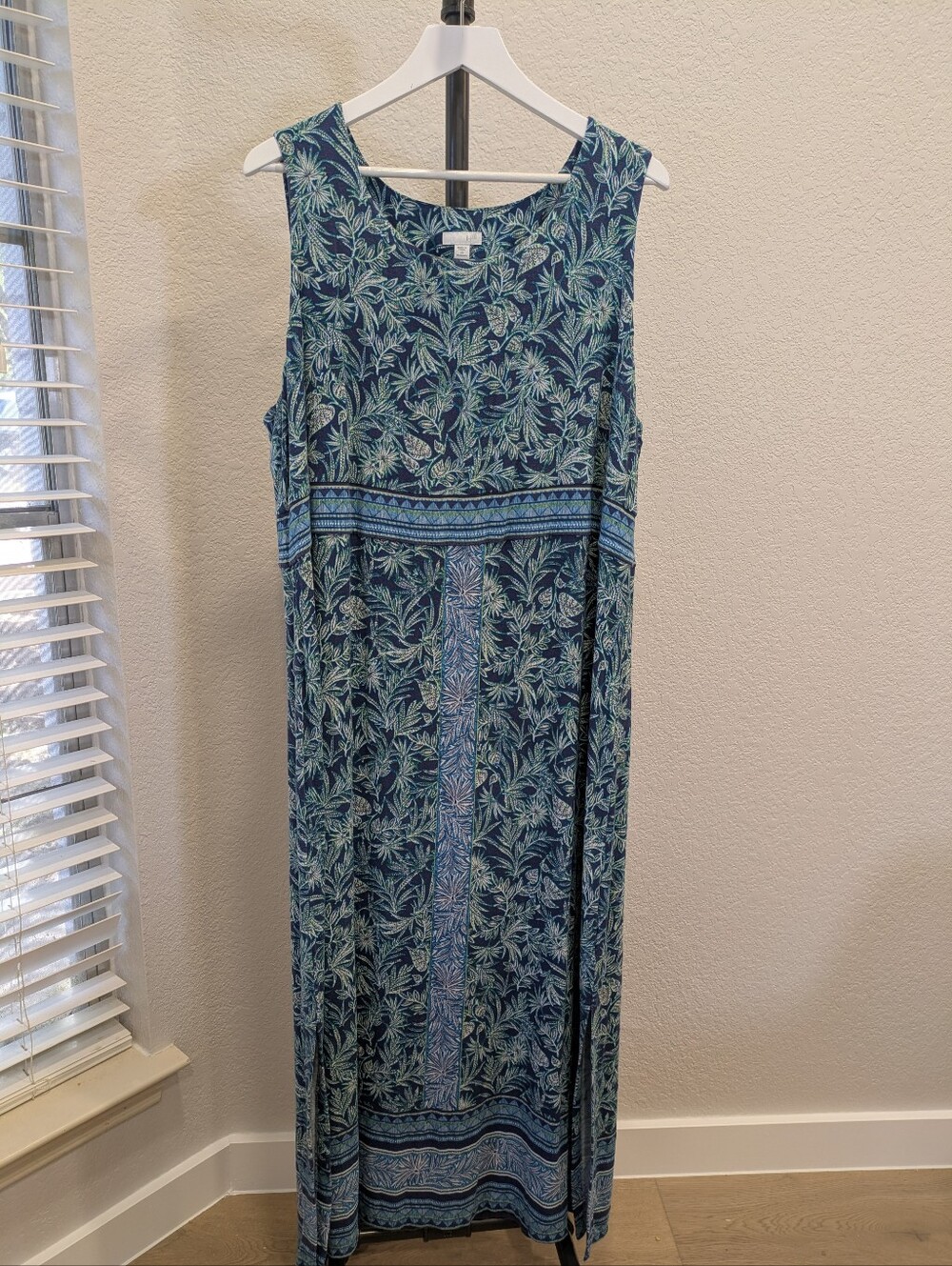J. Jill Maxi Dress 2X Blue Tropical Foliage Print Sleeveless Border Panel Slit - Picture 2 of 9